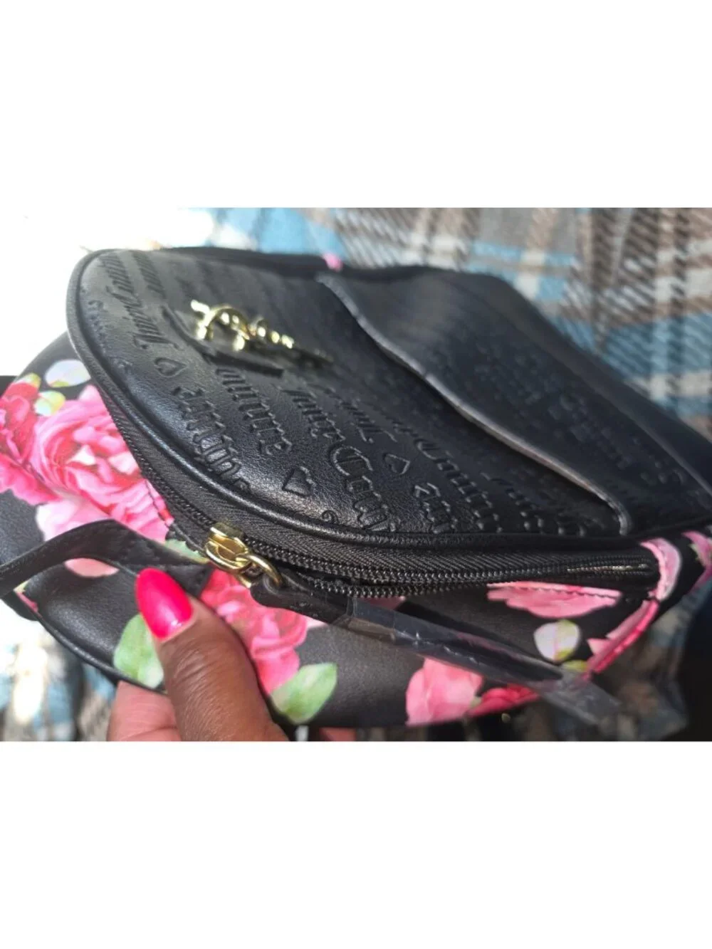 Juicy Couture Black & Pink Floral Mini Backpack With Adjustable Straps & Gold Ch